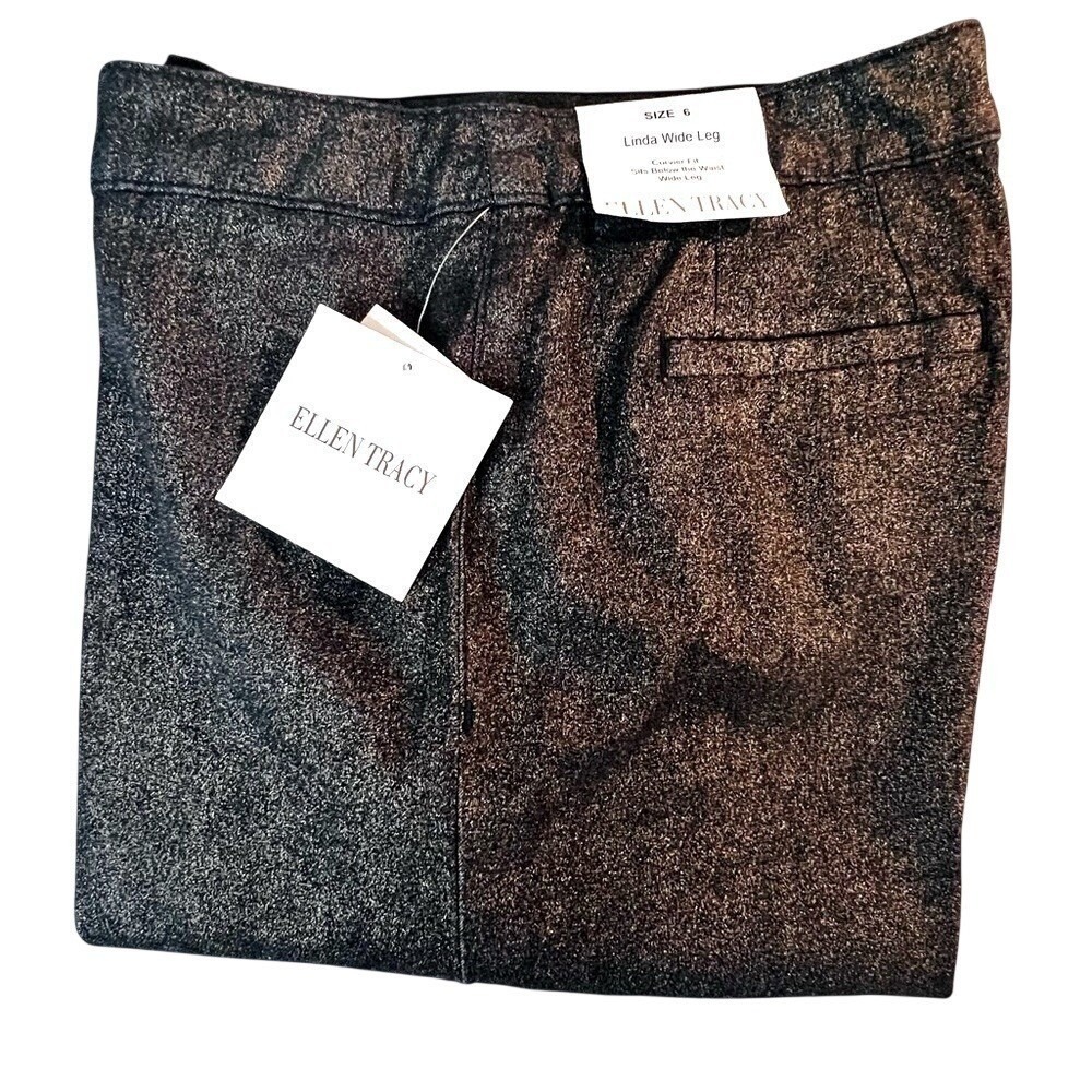 ELLEN TRACY Women's Linda Wide LegCurvier Fit, Shimmer‎ E-BLACK/GOLD, Sz 6
